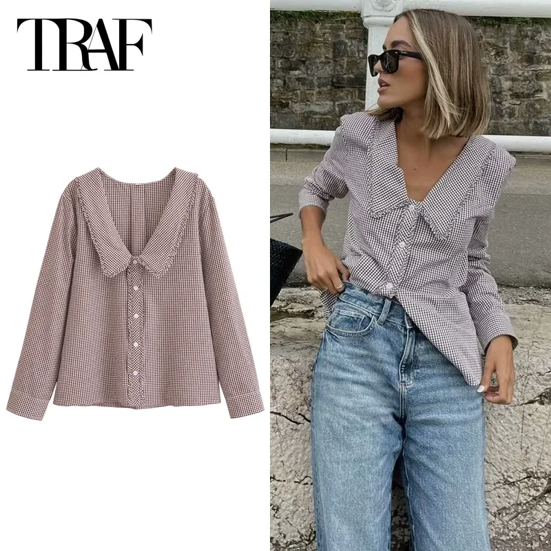 TRAF 2024 Plaid Women\'s Shirt Collar Button Up Shirt Women Long Sleeve Shirts and Blouses for Women Autumn Casual Female Shirts