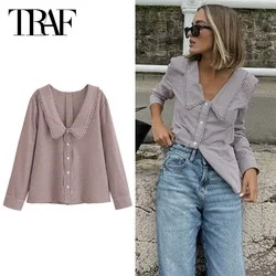 TRAF 2024 Plaid Women's Shirt Collar Button Up Shirt Women Long Sleeve Shirts and Blouses for Women Autumn Casual Female Shirts