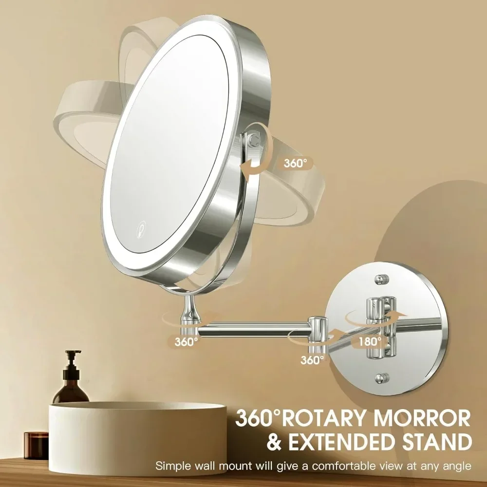 

ez Wall Mounted Lighted Makeup Mirror, 8" Rechargeable Double-Sided Magnifying Mirror 1x/10x, 3 Colors Led, Touch Dimmable