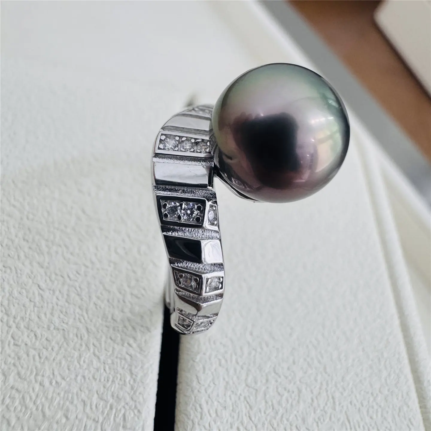 S925 pure silver ring AAAA9-10mm natural Tahitian pearl micro inlaid zirconium ring, adjustable ring mouth