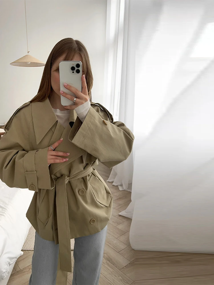 Fashion Lace Up Ruches Trenchcoat Vrouwen Solid Losse Revers Volledige Mouw Jassen Vrouwelijke Lente Herfst Dame Pendelen Jassen Nieuw