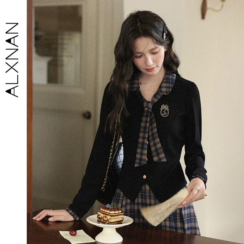 ALXNAN Women's T-shirt Long Sleeve Contrast Color Plaid Patchwork Tie-front Ruffle Cuff Vintage Casual Female Clothing L56906