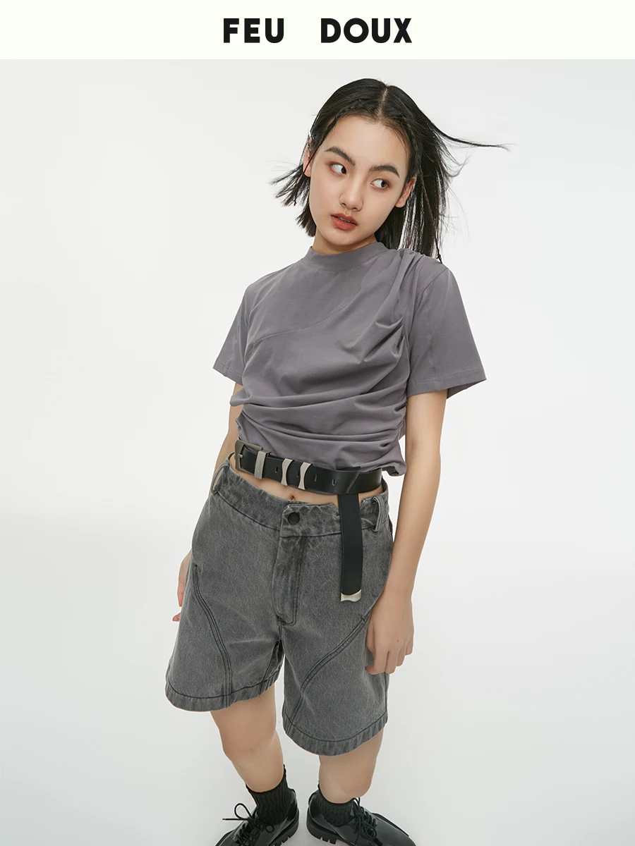 

Летний топ Feu Doux из хлопковой ткани с асимметричным кроем, плиссировкой и круглым вырезом для женщин