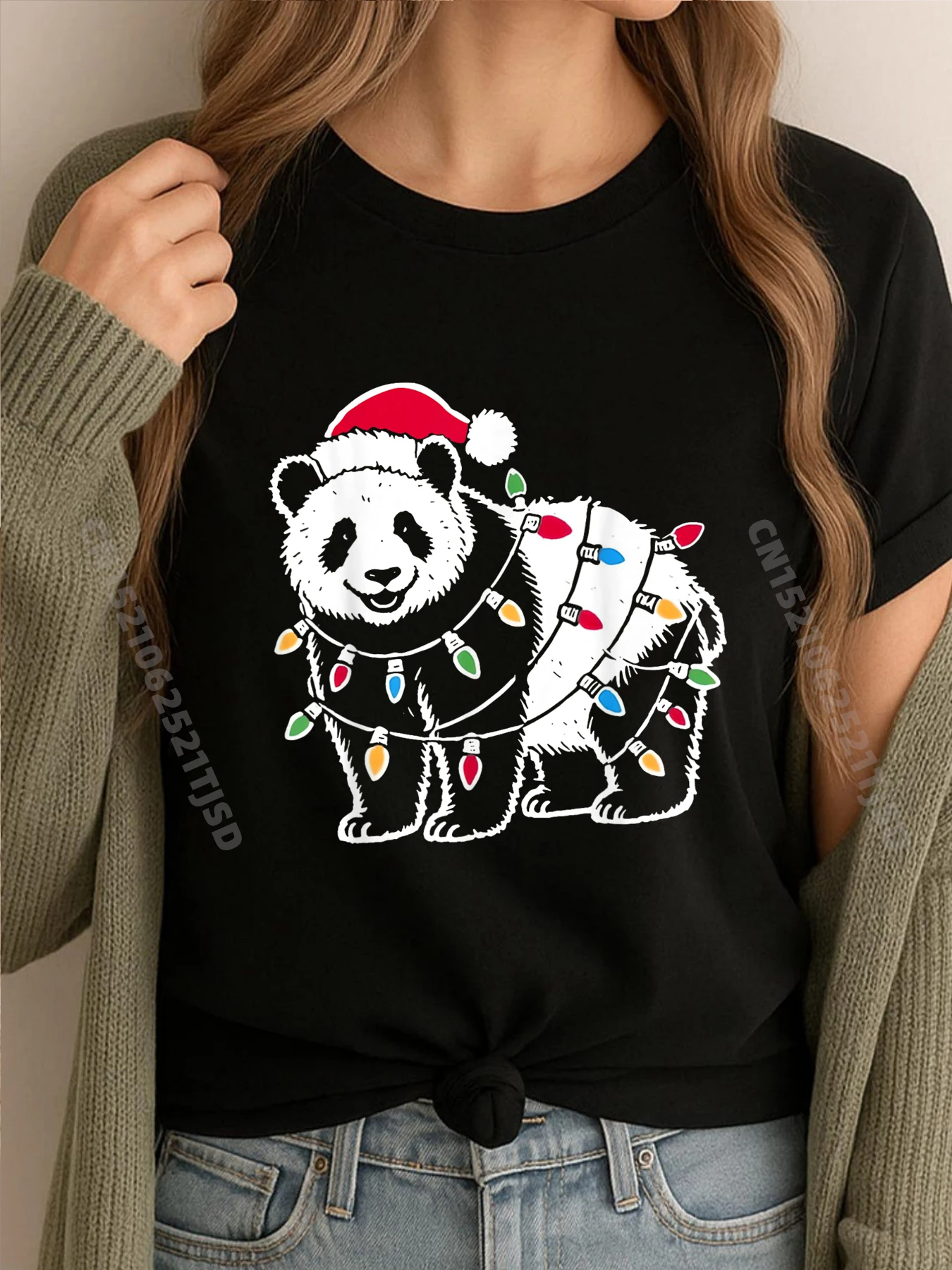 

Рождественские огни панда в рождественской шляпе милые панды любитель забавных футболок женская футболка большого размера женская корейская