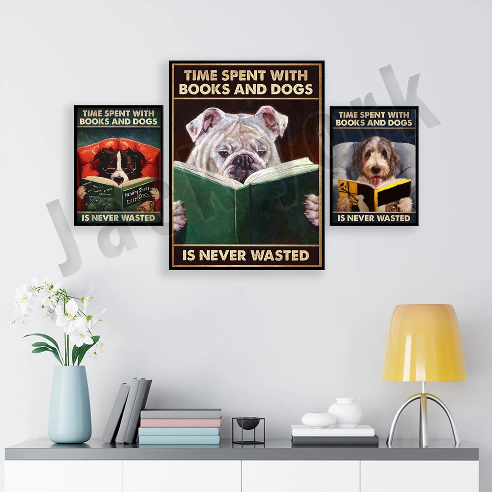 dog poster, girl loves dog poster, love book poster, dog mom gift, time with book and dog is never wasted retro poster