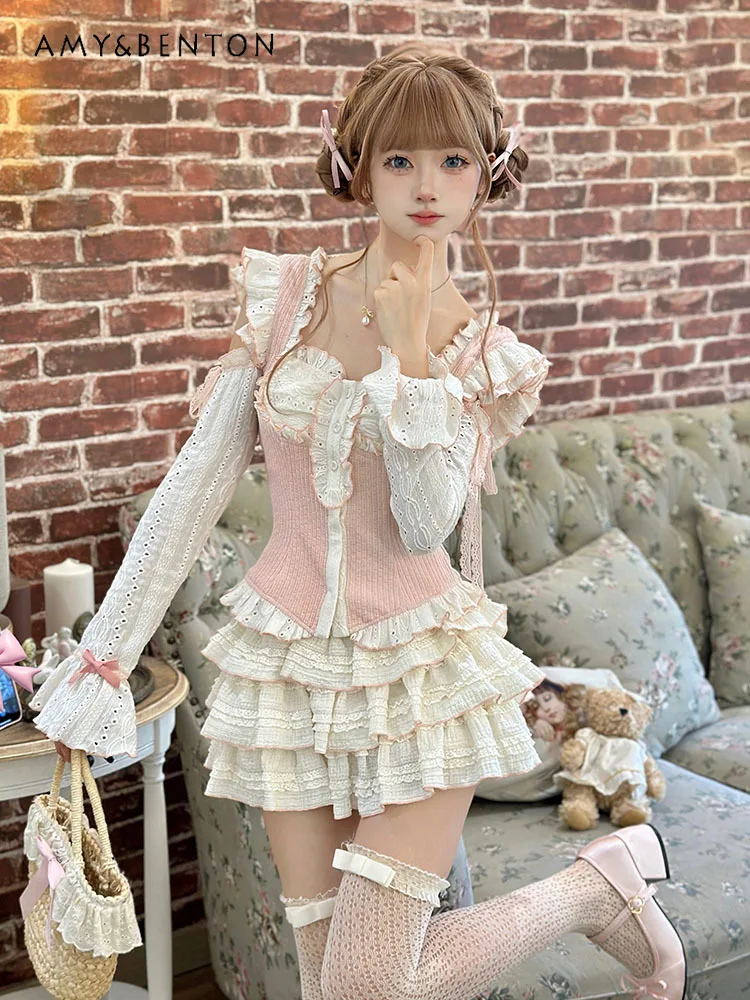 Sweet Ballet Style Cute Princess Skirt Sets Kawaii Ruffled Patchwork Long Sleeve Shirt High Waist Bubble Skirt Two-Piece Set