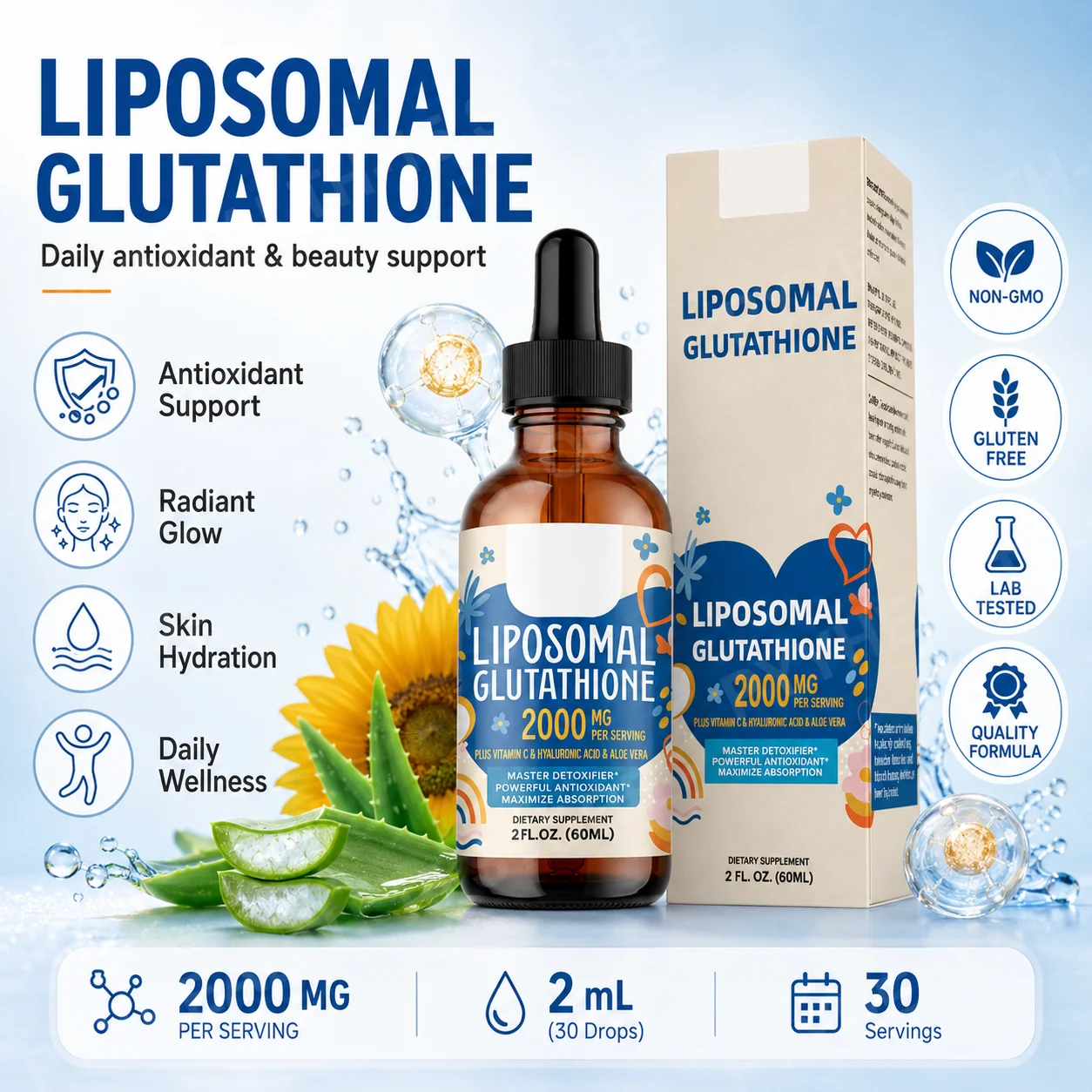 Liposomal Glutathione Liquid Drops 1500mg with Vitamin C, Hyaluronic Acid & Aloe Vera for Beauty Glow and Hydration Support