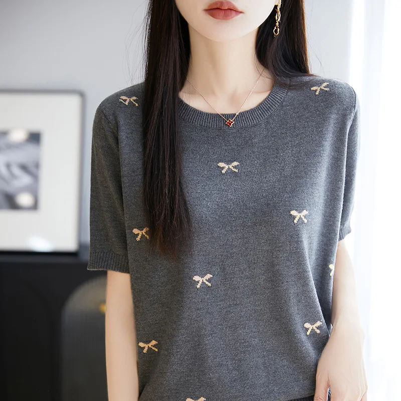 

Summer new wool knitted women's T-shirt casual embroidered sweater short sleeved fashionable O-neck top loose pullover sweater