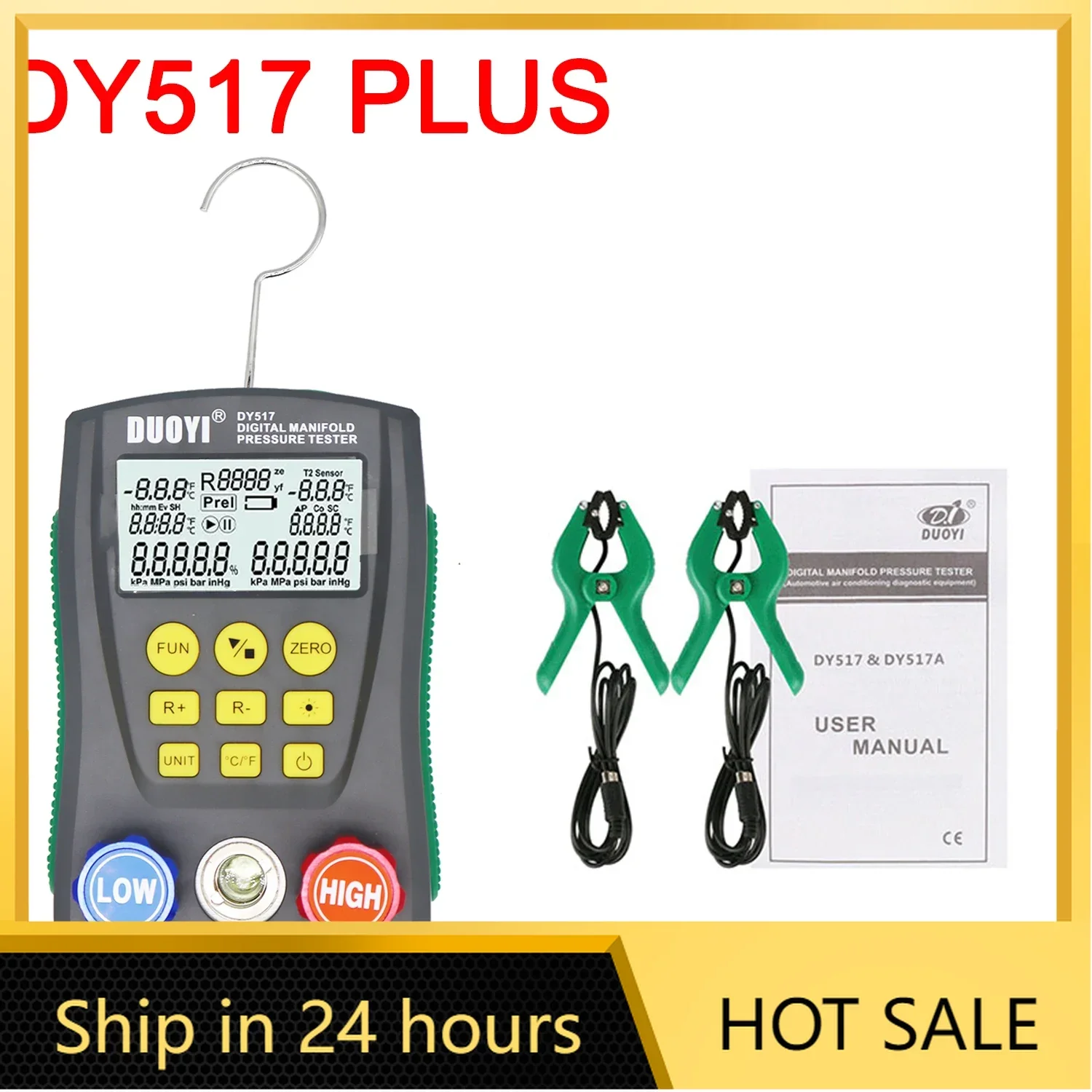 DY517 Pressure Gauge Refrigeration Digital Vacuum Pressure Manifold Tester Air Conditioning Temperature Tester Valves Tool Kit