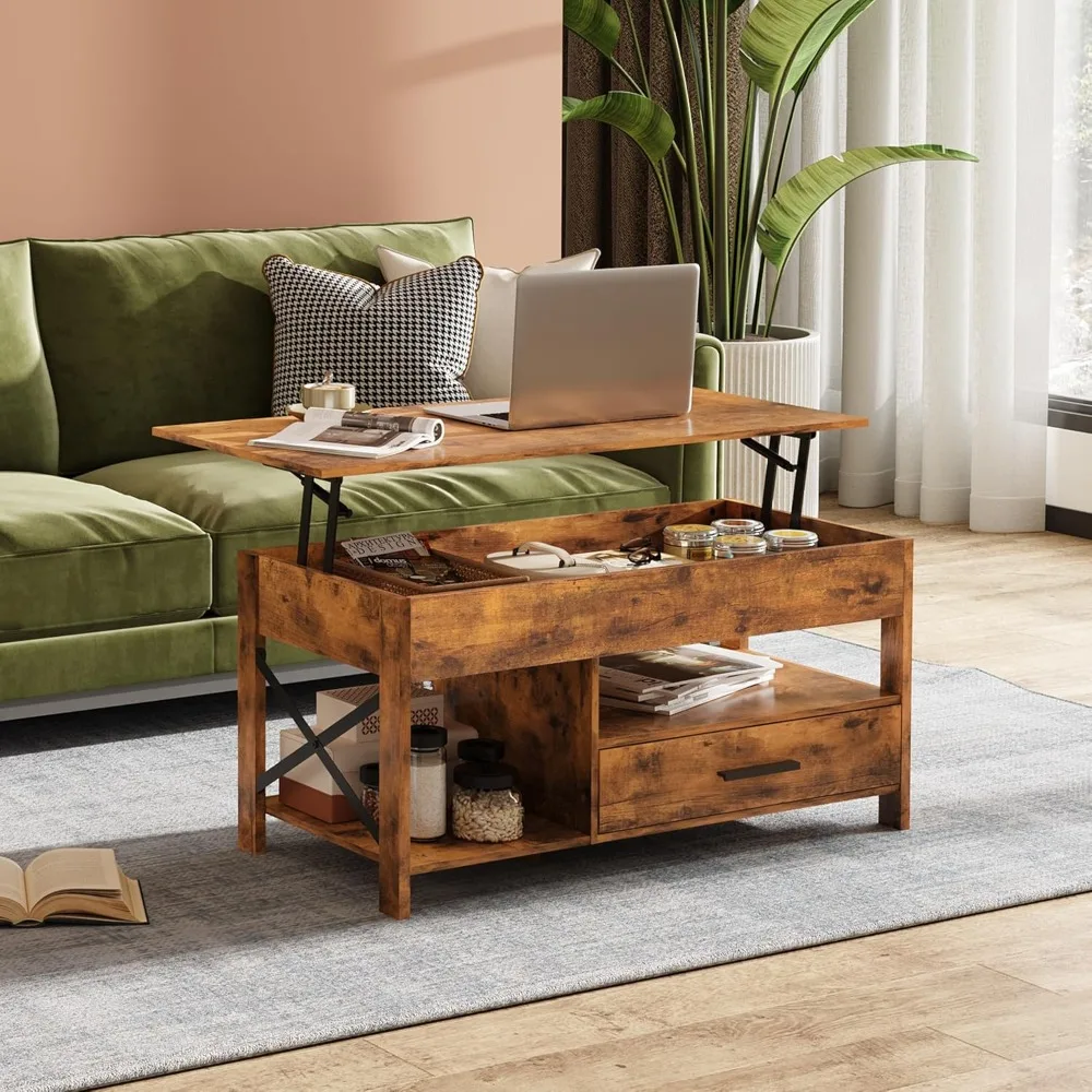 

Coee Table, 39" Lit Top Coee Table with Hidden Comparent, Storage Ders and Storage Shel or Living Room, Retion Room, Rustic Brow