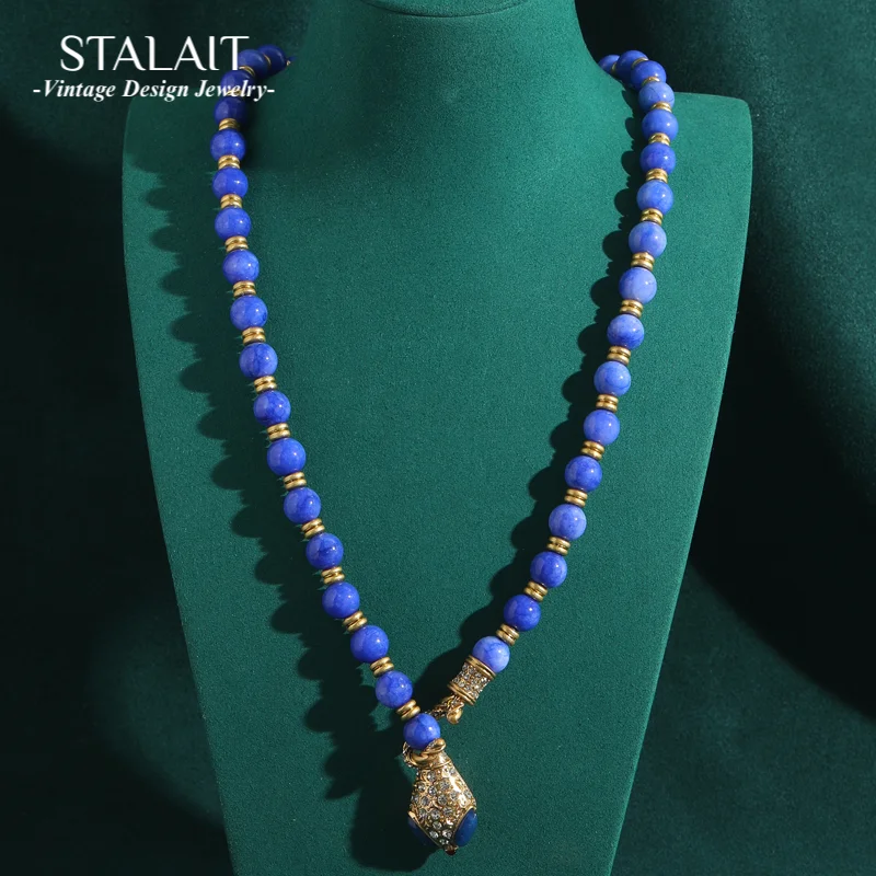 

Vintage Blue Stone Beads Necklace Rhinestone Snake Pendant For Woman Wedding Luxury Designer Jewelry Accessories Mother Day Gift
