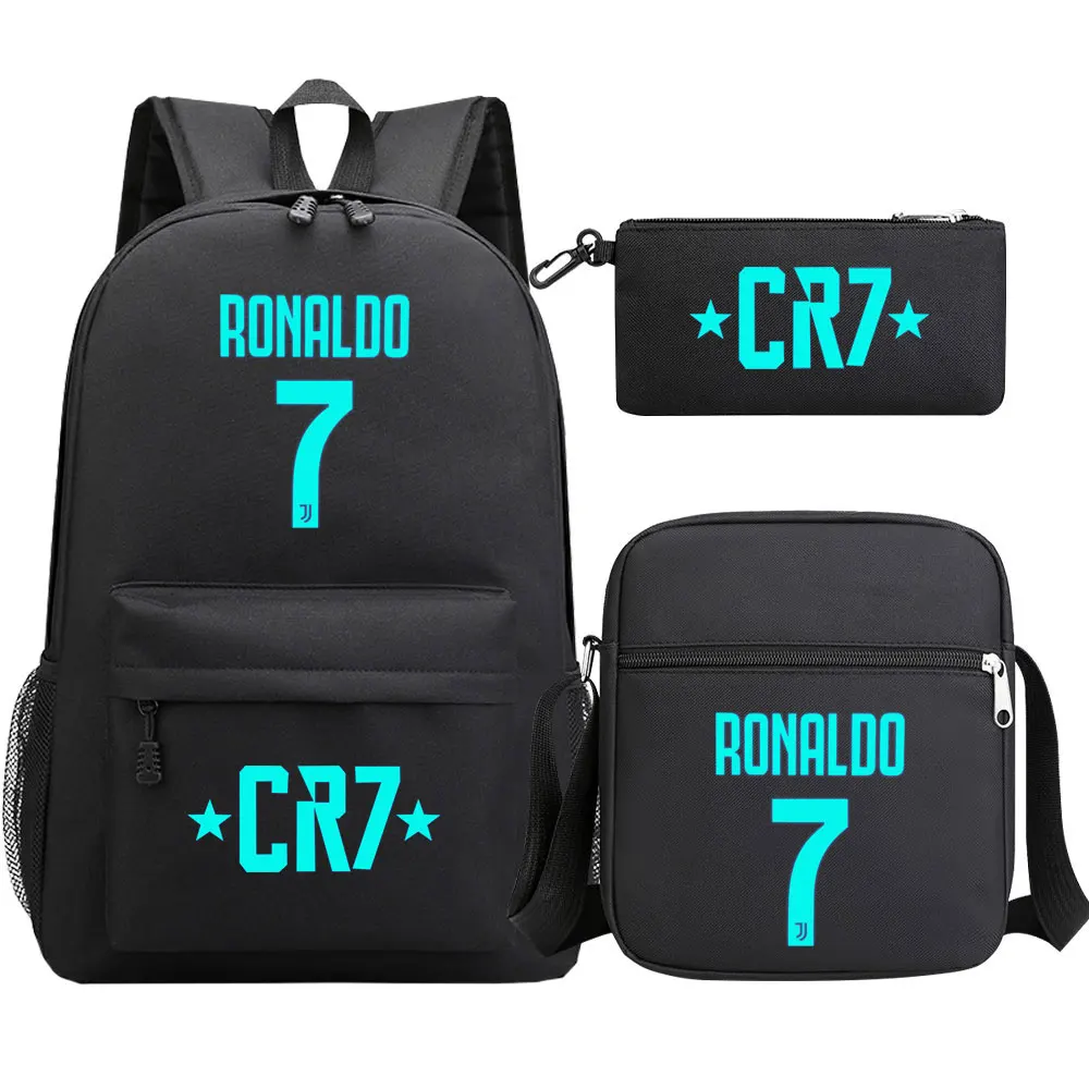 Mochila escolar grande impermeável para mulheres, bolsas de ombro para estudantes adolescentes, CR7, tendência da moda, 3 peças