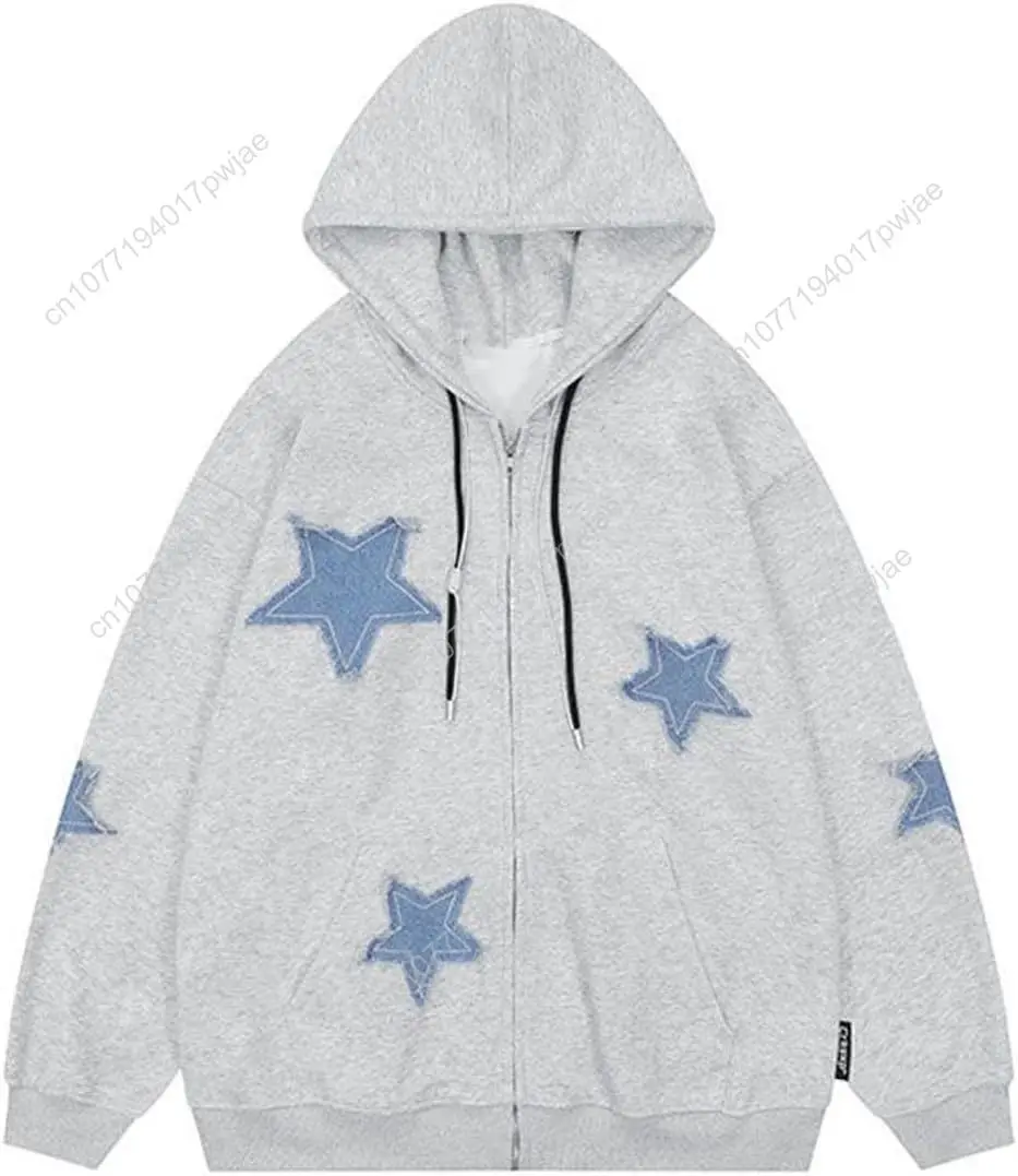 Cute Hoodie Women Men,Star Graphic Zip Up Hoodies Oversize Sweatshirt Harajuku Jacket Streetwear Preppy Clothes