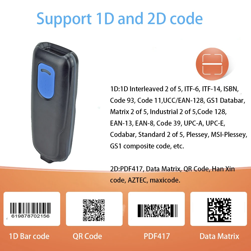 Pocket 1D 2D Mini 2.4G Bluetooth Barcode Scanner For inventory Management