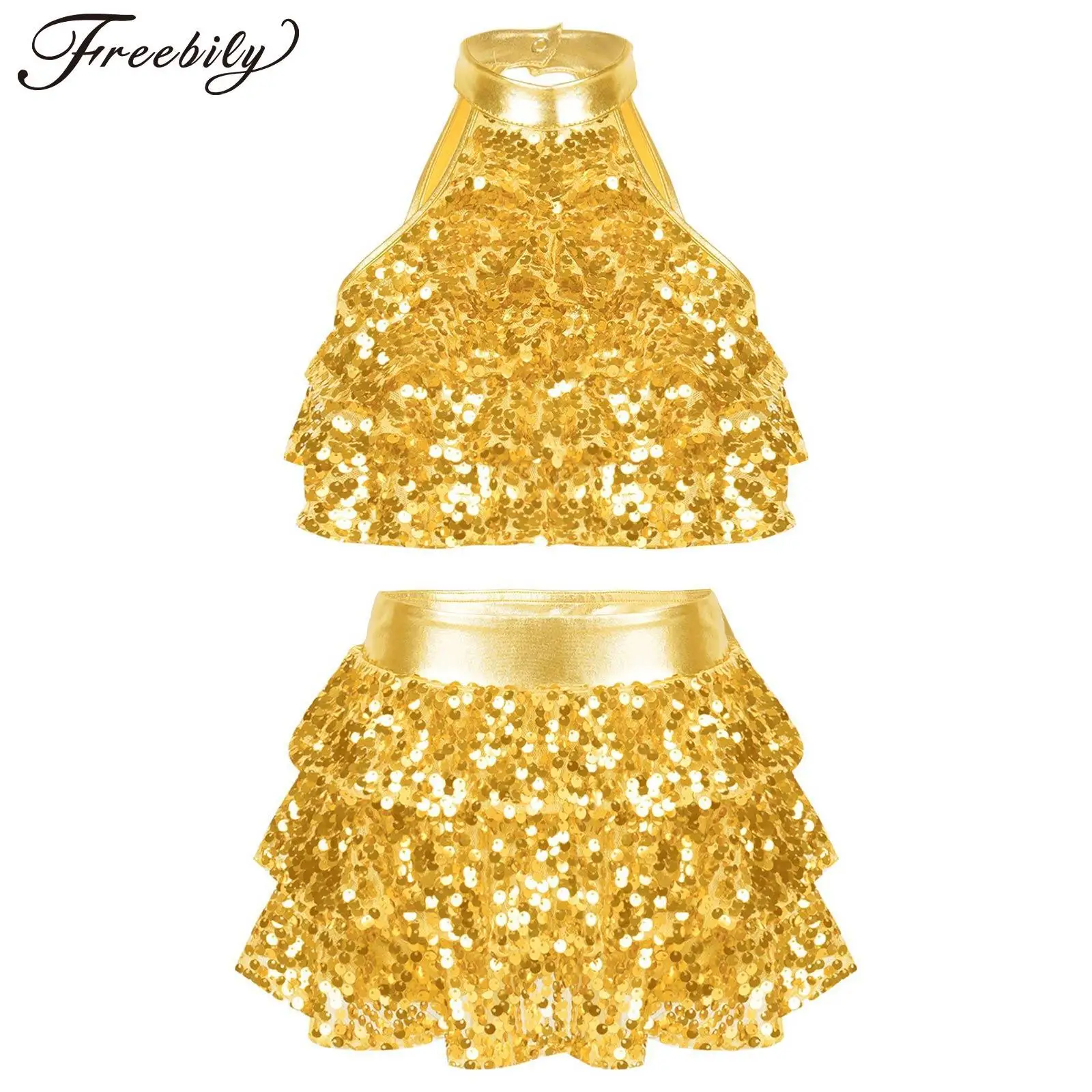 

Kids Girls Shiny Sequins Dance Dress 2 Pieces Crop Tops and Mini Pleated Skirt Set Dancewear Modern Jazz Ballet Dance Costumes