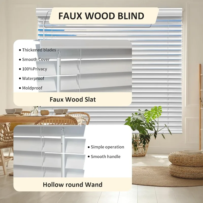 Modern Faux Wood Blinds 2 Inch Slat Horizontal with Blackout & Anti-UV French Window White for Home Interiors