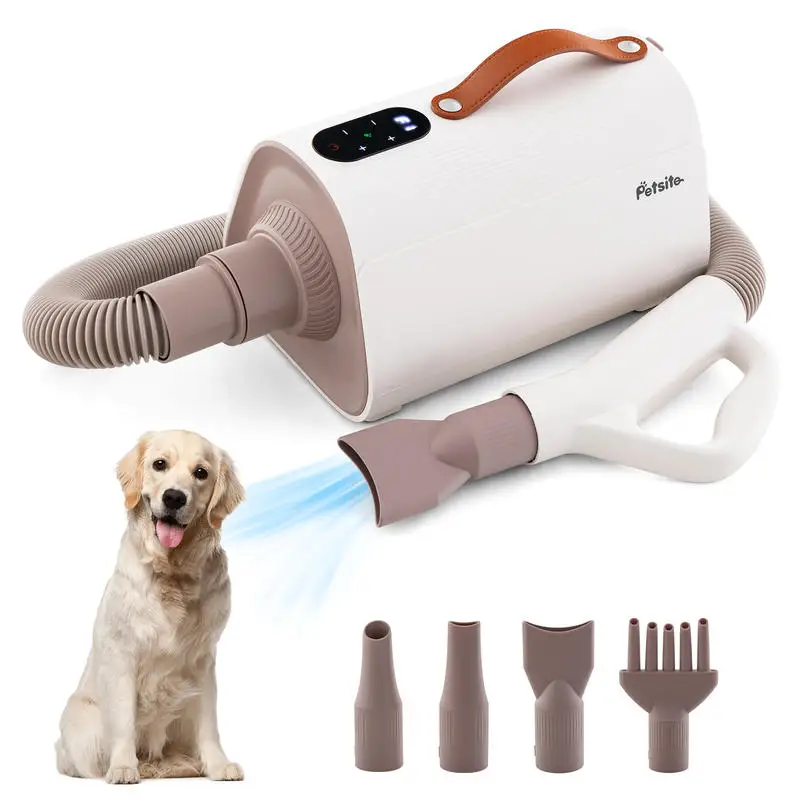 Pet Grooming Blower With Negative Ion, Adjustable Temperature And Wind Speed, Includes Telescopic Hose And Nozzles For Dog Cat Drying, Low Noise Design
