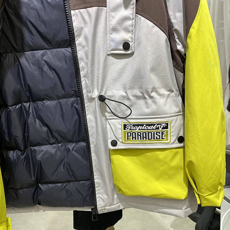 Unisex couple's winter down jacket trendy embroidery letter splicing contrasting color drawstring waist cinching jacket