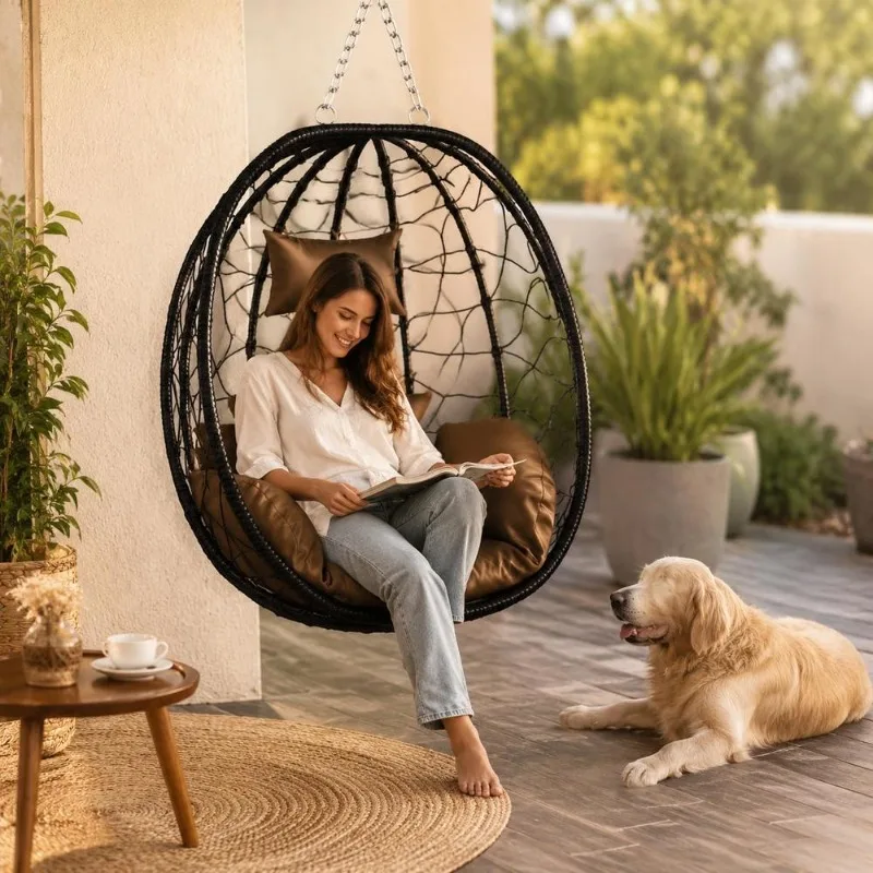 Fauteuil Œuf Suspendu en Polyrotin et Acier 91,5 x 60 x 110 cm, Design Ergonomique, Pliable, Rangement Compact, pour Salon, Balcon, Jardin, Terrasse, Intérieur, Extérieur, Décoration Moderne, Coin Détente, Acifluorfen Sodium