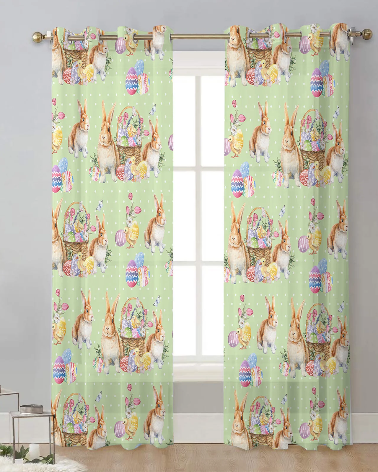 Easter Bunny Egg Green Polka Dots Sheer Curtains for Living Room Window Curtains for Kitchen Modern Tulle Voile Curtains