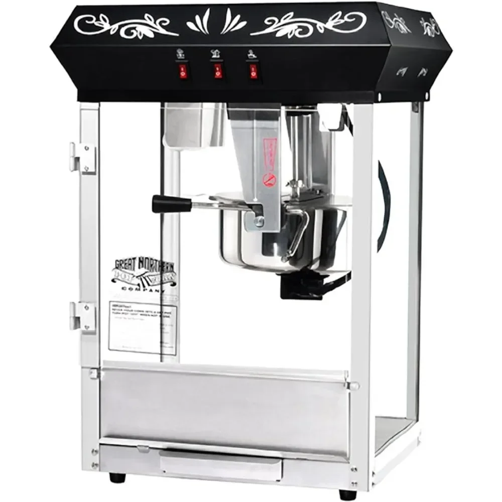 Popcorn machine, 8-ounce cinema style popcorn machine with 3 position control switches, silent motor, and tempered glass wall