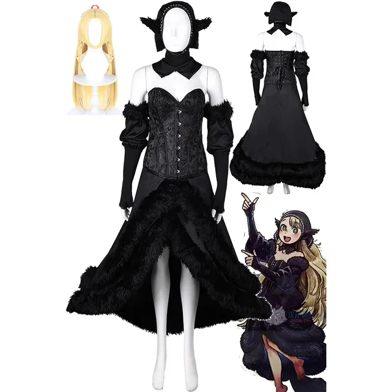 Marcille Cosplay Black Cloth Dress Costume Anime Dungeon Meshi Roleplay Hat Headgear Wigs Gloves Outfits Girls Halloween Suit