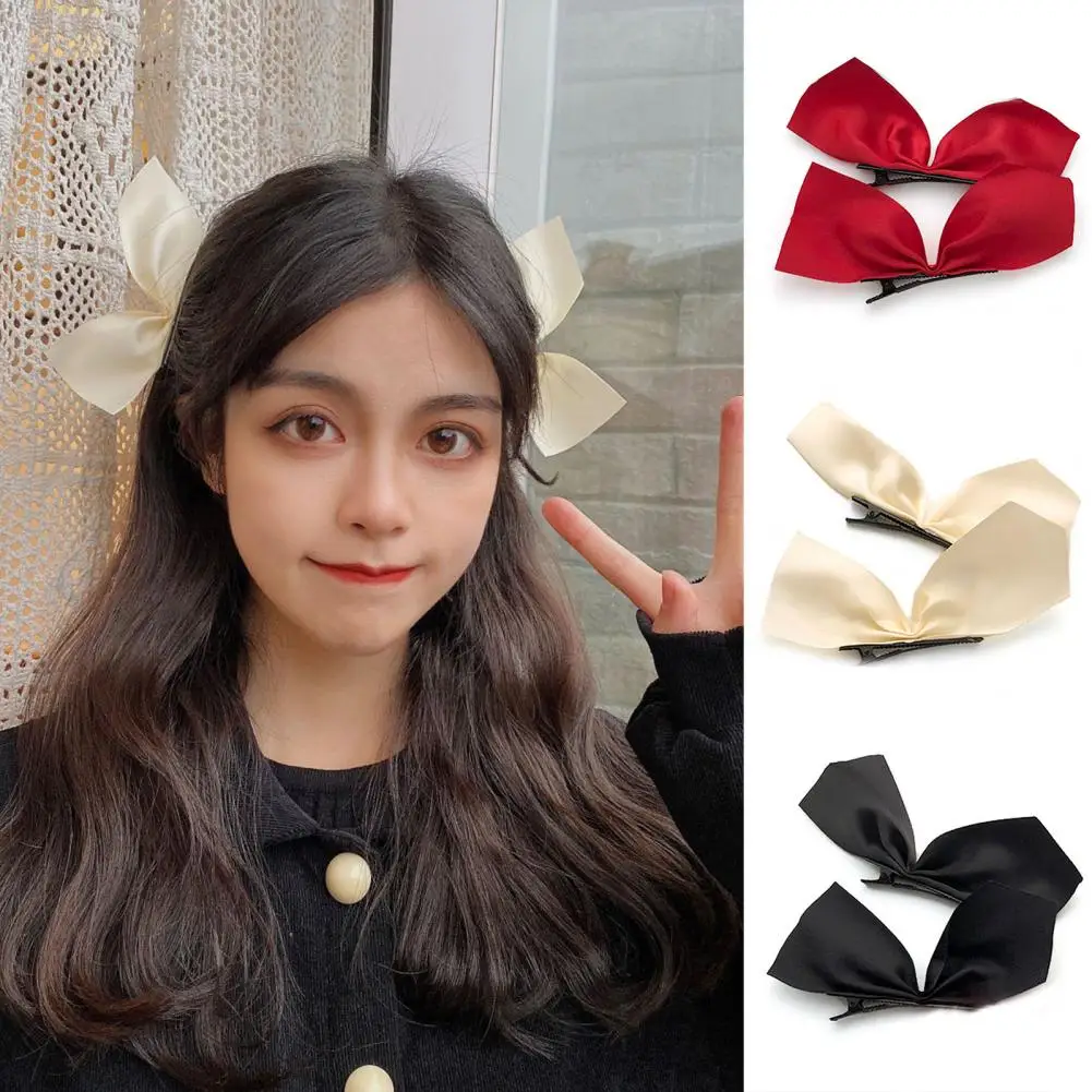 1 Pair Women Girl Hair Clip Solid Color Bowknot Side Hairpin Bow Fringe Fixation Side Hair Pin Barrette Headdress For Daily Life