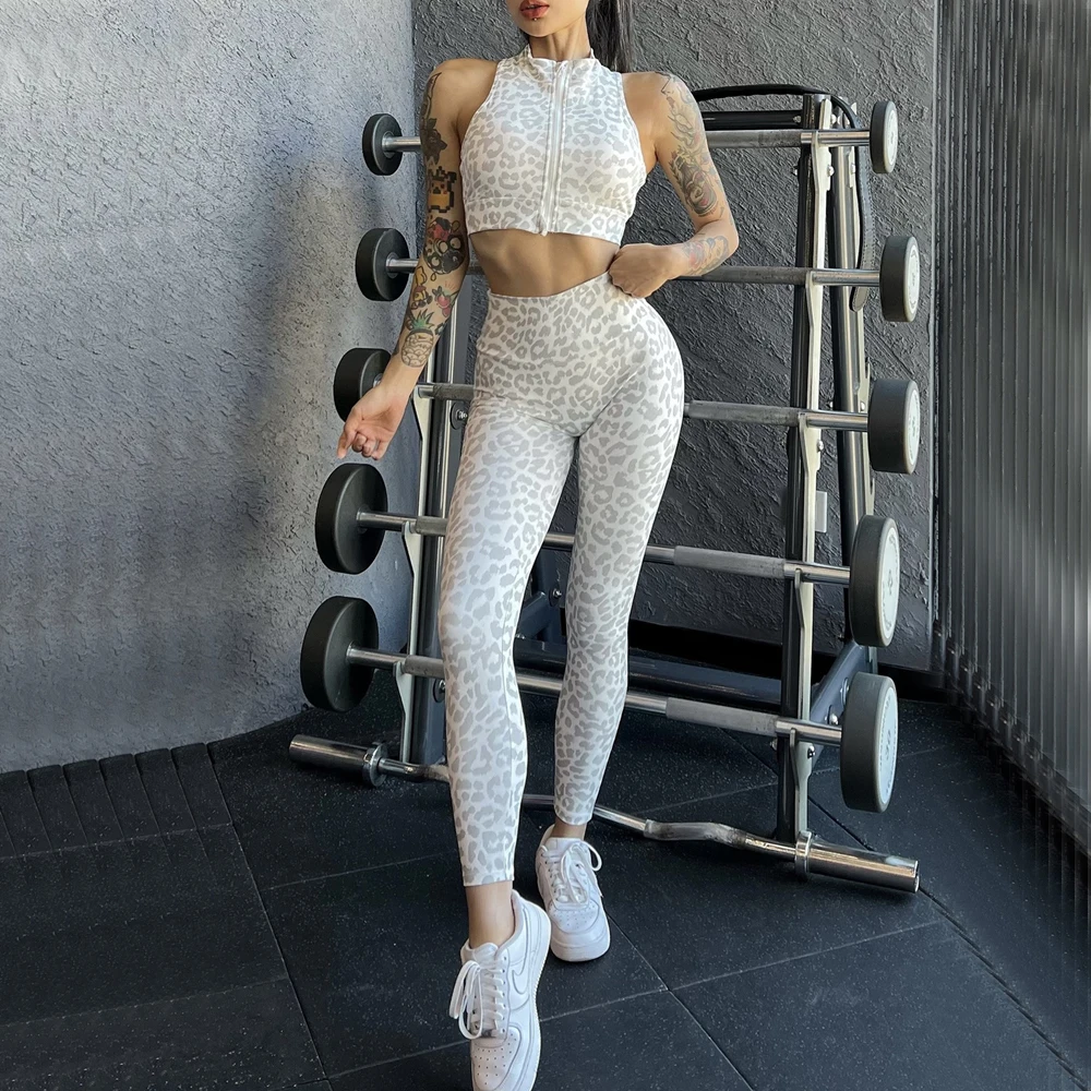 2PCS Zipper Leopard Sport Gym Yoga Sets Women Sport Bra Scrunch Pants Fitness Scrunch Leggings Suits Workout Clothes Women XP64