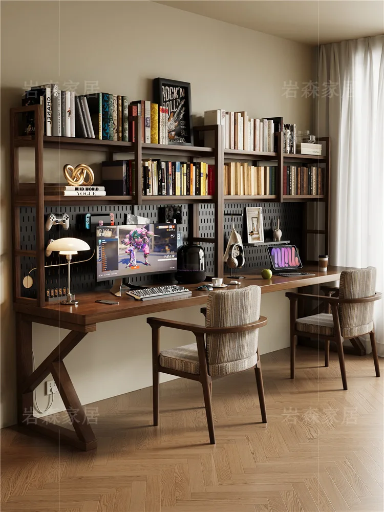 Household medieval style solid wood desk bookshelf integrated custom hole board computer desk bedroom double long study table