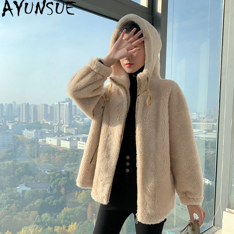 

AYUNSUE Winter Real Fur Coar Women's 100% Sheep Shearing Jacket Famale Hooded Wool Coats Korean Jackets Abrigos Mujer Sqq1199