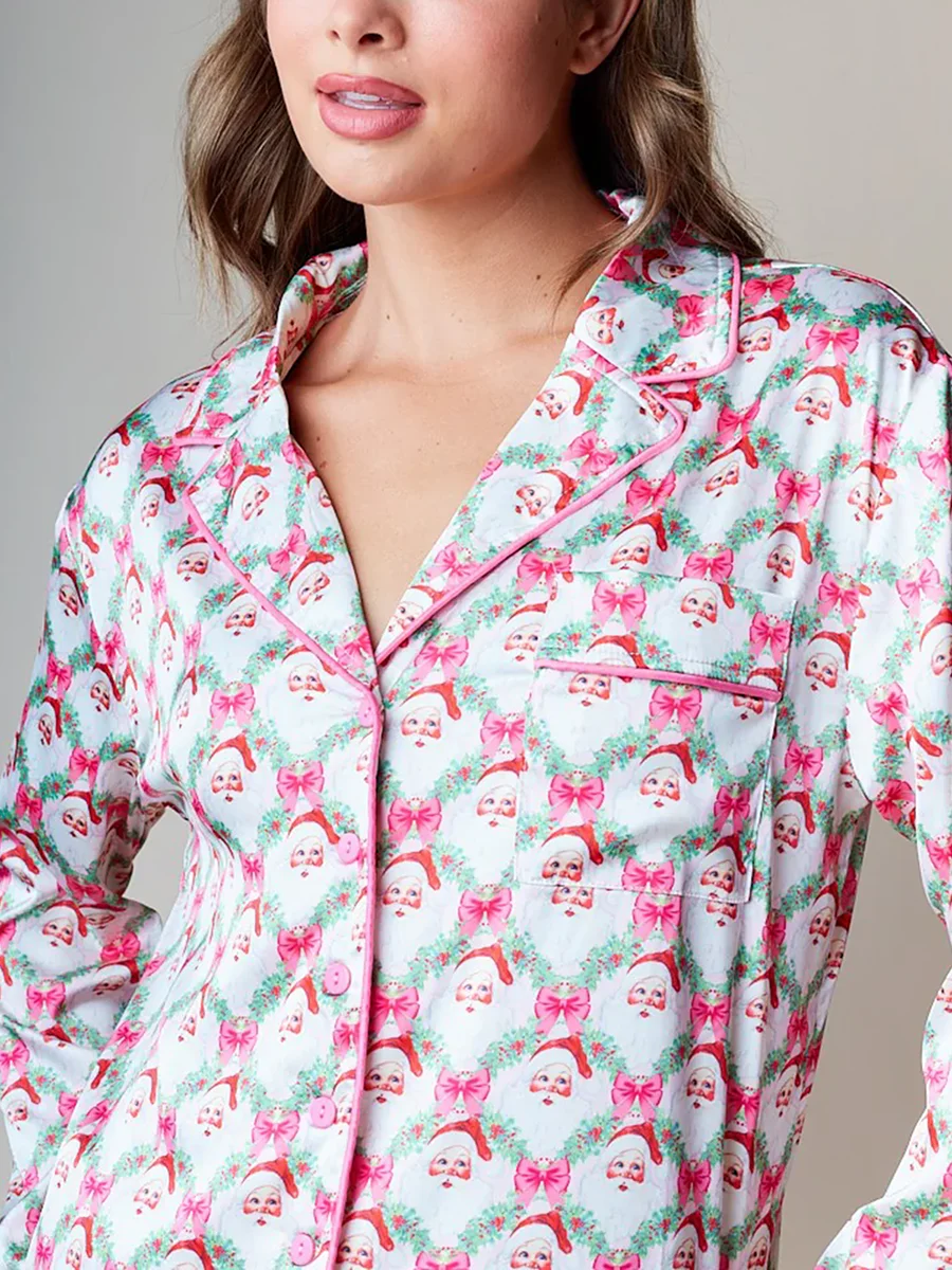 Women's 2 Piece Lounge Set Long Sleeve Santa Claus/Tree Print Shirt Wide Leg Pants Sleepwear Sets