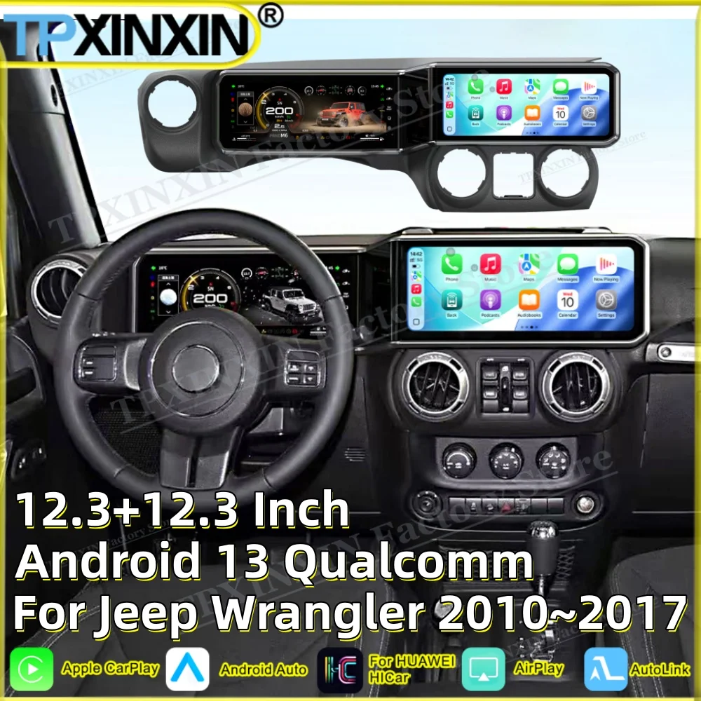 Dual-screen 8-core Multimedia Android 13 For Jeep Wrangler 2010~2017 GPS Navigation Carplay Car Radio Stereo Receiver Head Unit