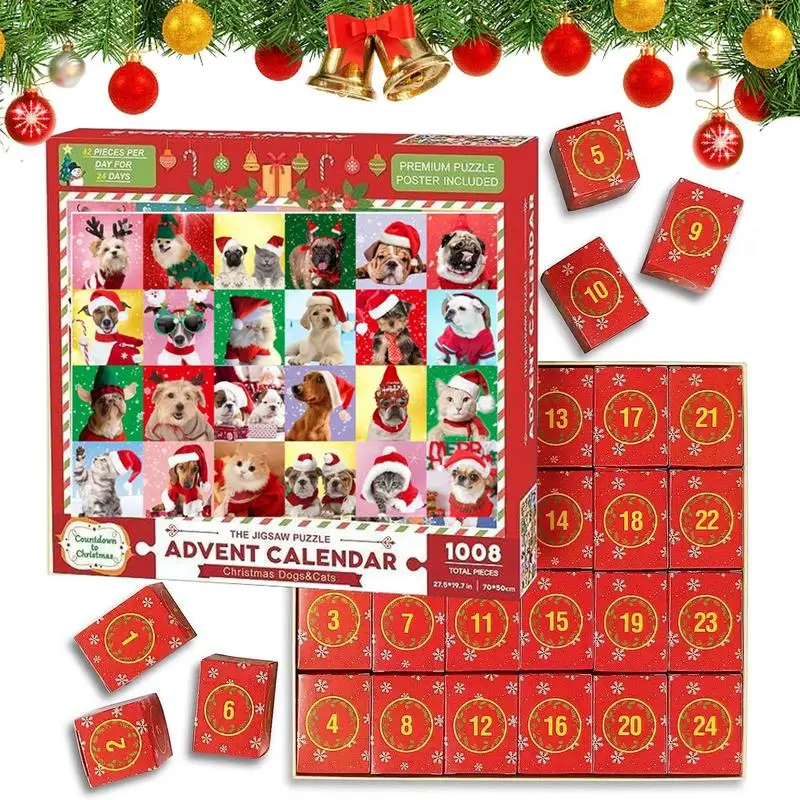 Christmas Advent Calendar Puzzle 1008 Pieces Animal Jigsaw Advent Calendar 24 Days Family Stocking Stuffer Ornament for Kid Gift