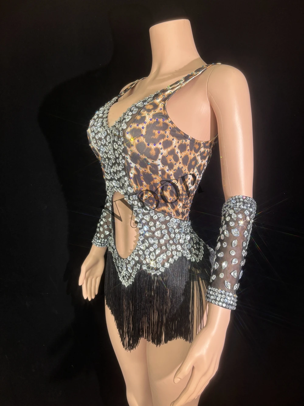 Sparkly Rhinestones Tassels Bodysuit Gloves for Women Sexy Hollow Out Performance Dance Costume Dancer Show Stage Wear