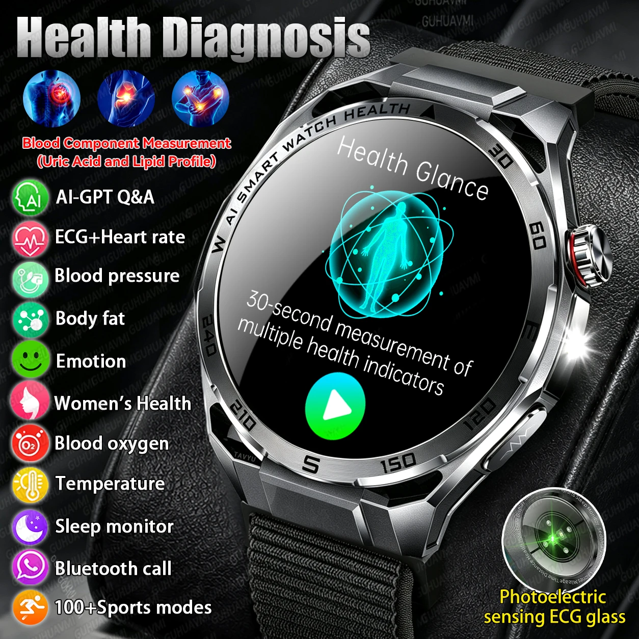 Nouvelle montre intelligente de santé 2026 avec ECG IA précis, mesure de l'acide urique, des lipides et de la pression artérielle, écran AMOLED 1,53 pouces, appels Bluetooth, montre de sport pour femmes et hommes.