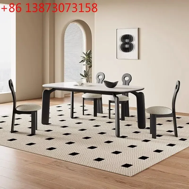 Retro cream style black ash wood solid wood rectangular rock slab dining table household dining table and chairs