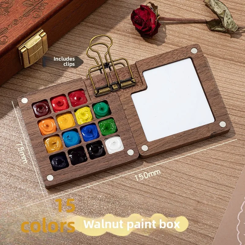 Mini Reizen Aquarel Set Pocket Houten Raster Palet Doos Schetsboek Borstel Pennen met Binder Clips voor Schilders Kunstenaars Studenten