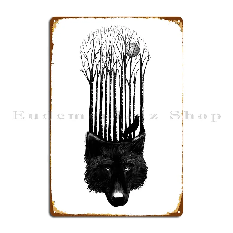 black wolf barcode in the woods illustration Metal Sign Wall Decor printed Rusty Wall Decor Wall Cave Tin Sign Poster