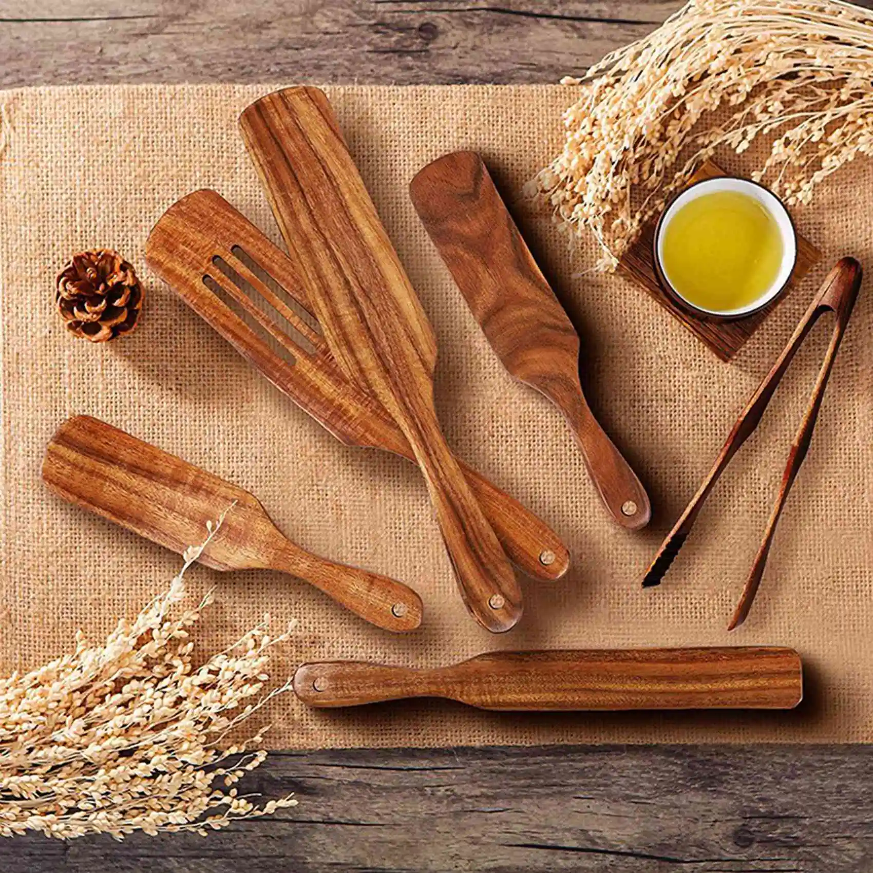 AB45 12 Pcs Wooden Spurtle Set, Teak Spurtle Set Heat Resistant Wooden Spatula Cooking Utensils Set Non-Stick Wooden Spoons