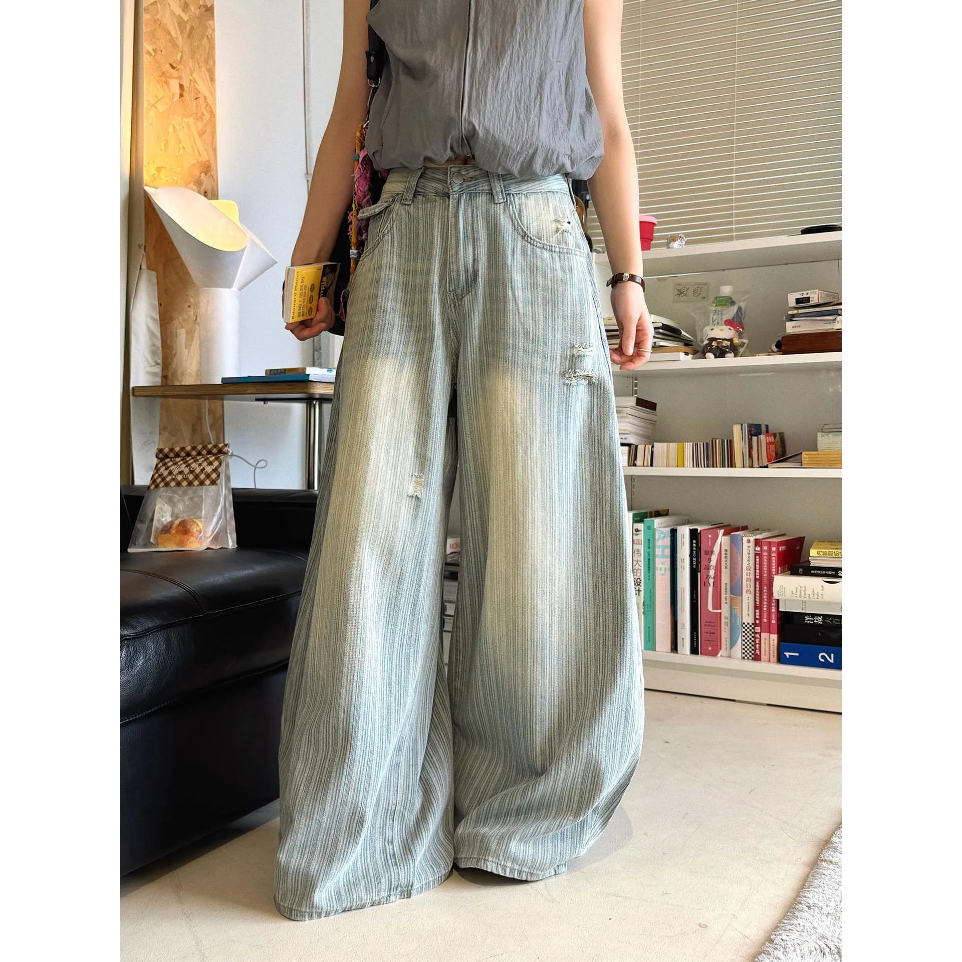 FANAN Summer New Vintage Wasteland Style Striped Ripped Wide-Leg Jeans For Women High Waist Streetwear Denim Pants Female