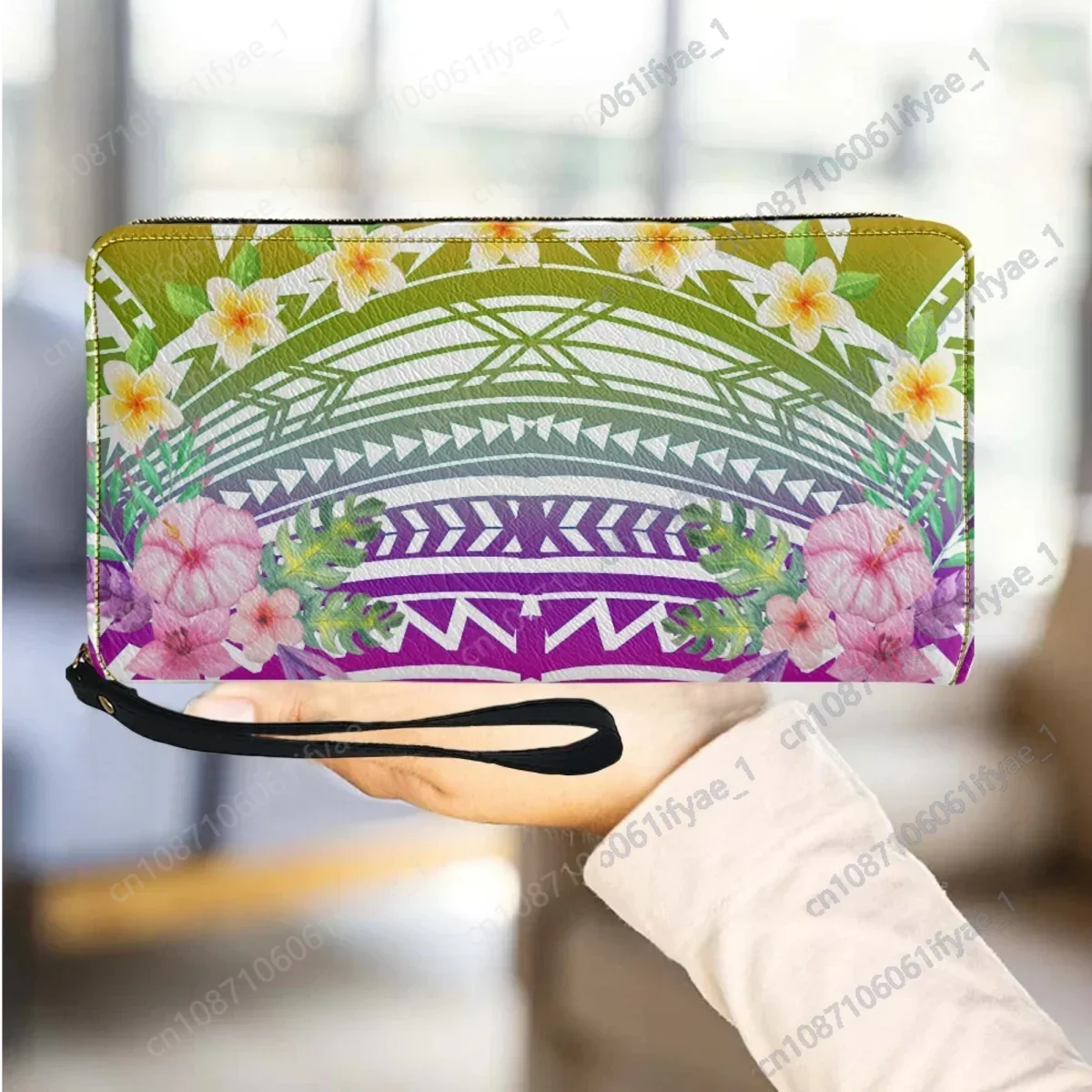 Hibiscus Polynesian Design Leather Women Wallet Long Wrist Strap Zipper Wallet Card Holder Party Travel Coin Purse Female 2023