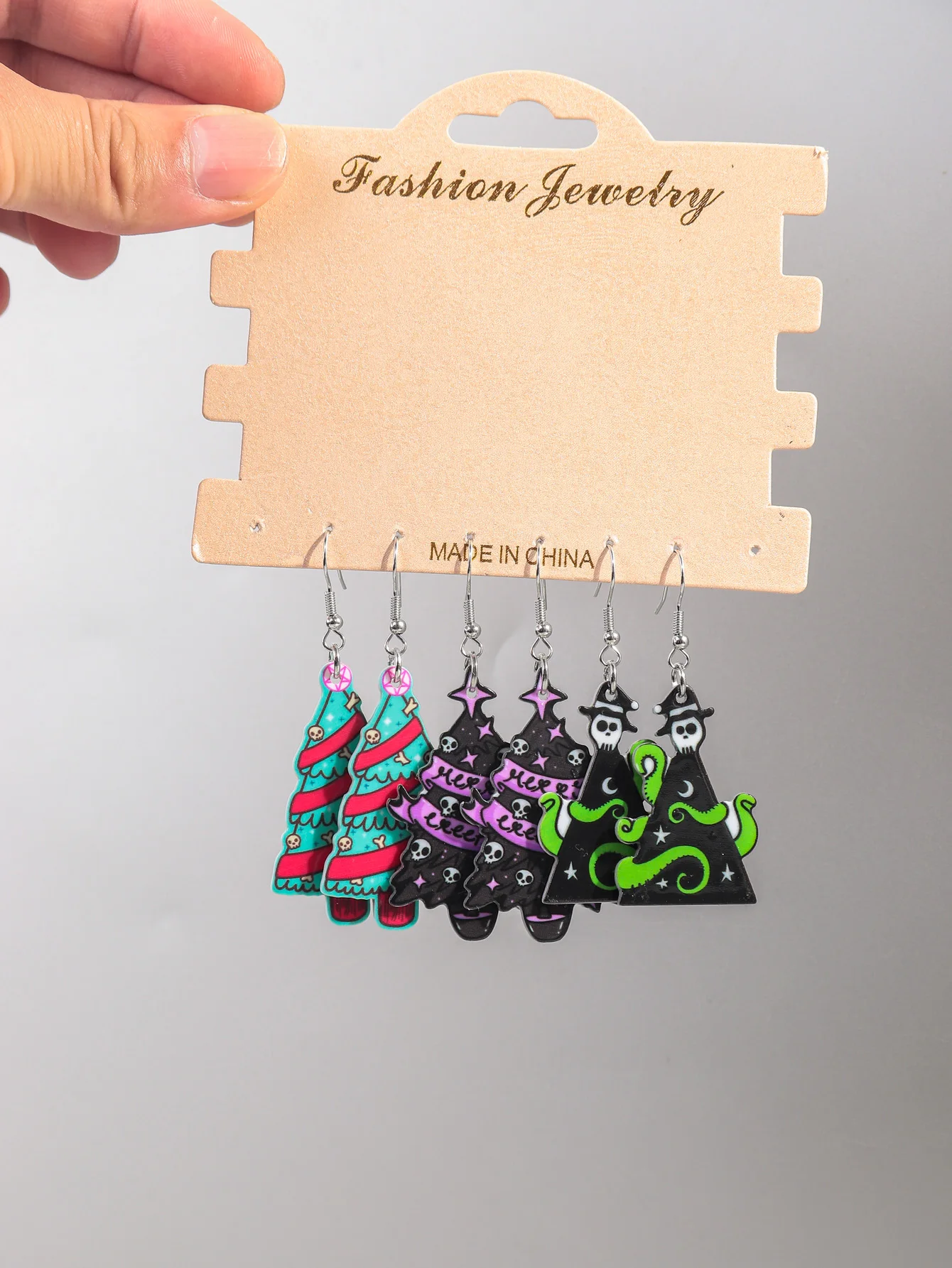 3 Pairs Gothic Christmas Tree Acrylic Earrings for Women Spooky Skull Xmas Dangle Earrings Creepy Halloween Jewelry