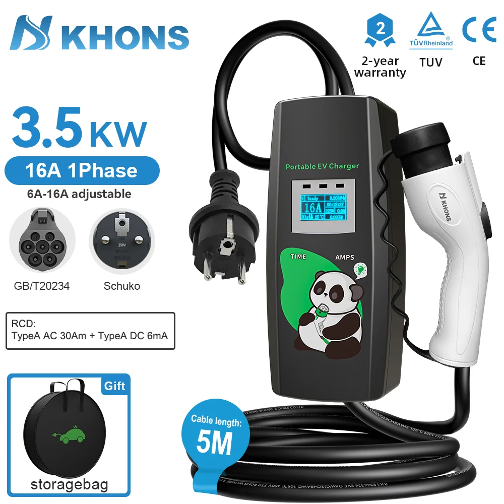 

Портативное зарядное устройство Khons EV подходит для стандартных автомобилей китайского стандарта, однофазное портативное зарядное устройство для электромобилей мощностью 16 А, 3,5 кВт, 5 м.