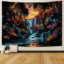 Colorful waterfall tapestry, forest, night sky, natural landscape, black light, home decoration blanket, living room and bedroom