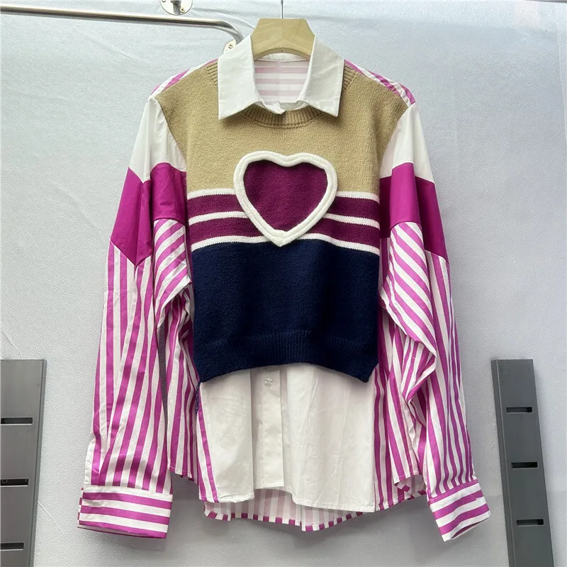 DEAT Women's Shirt Loose Patchwork Fake 2 Pcs Knitted Heart Striped Single Breasted Blouse Spring 2025 New Fashion 29L8684