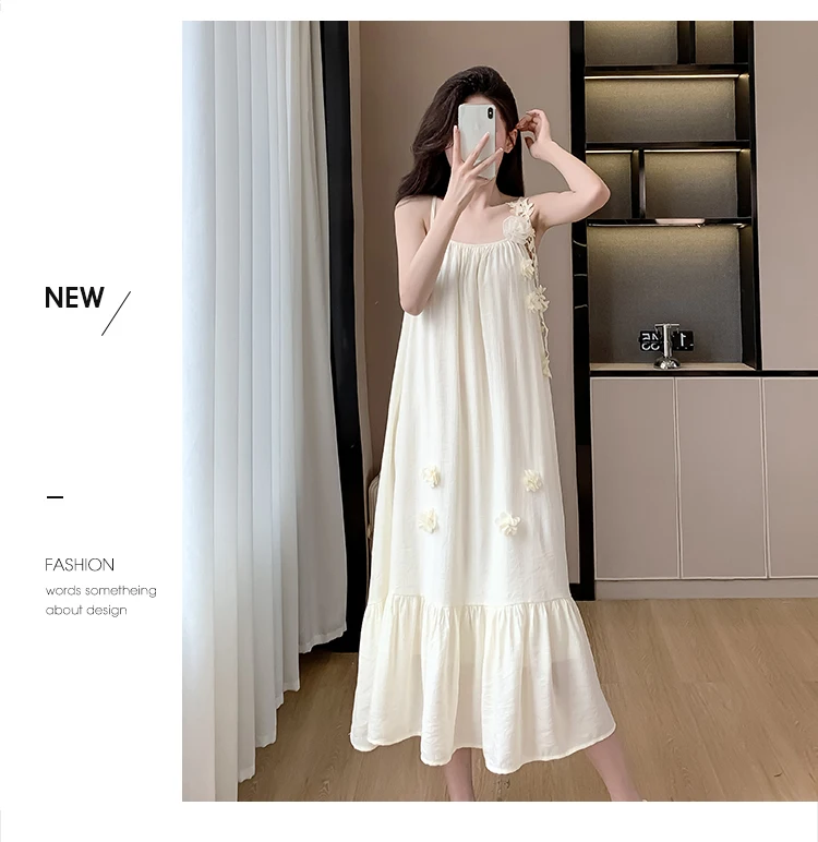 Summer Three-dimensional Flowers Embroidery Loose A-line Halter Dress Women Sleeveless Knee-length Beach Dresses Female