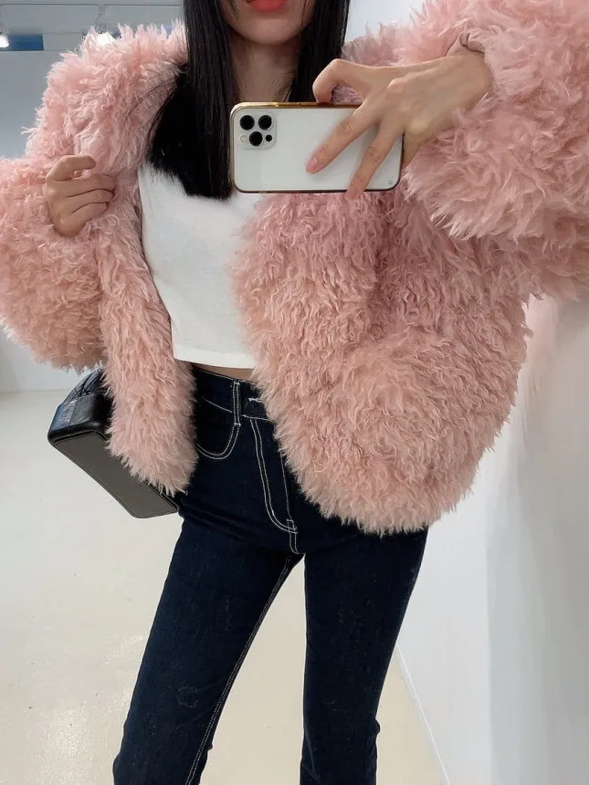 Korean Style Women's Faux Fur Coat Fluffy Cotton Sandwich Eco-friendly Outerwear Spring Autumn Winter Casual Street Style