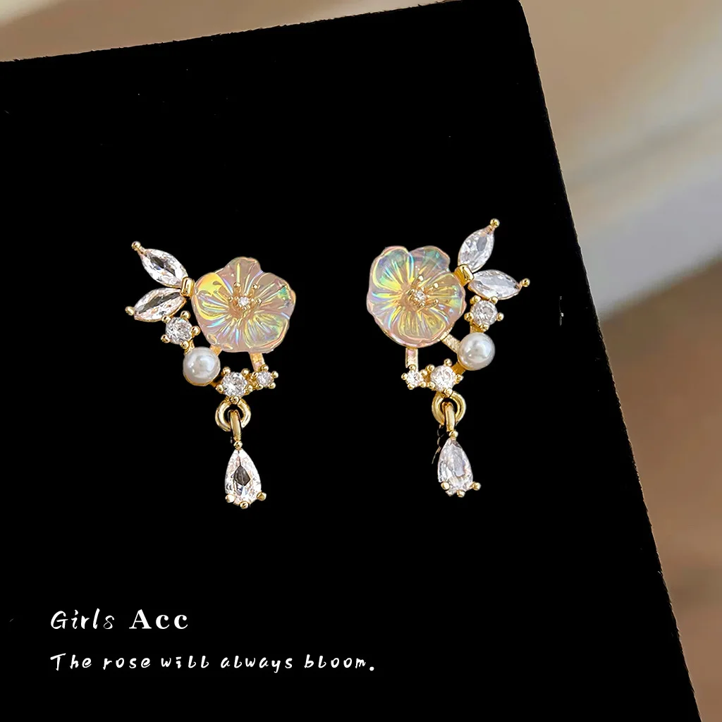 French Color Shine Flower Dangle Earrings For Women Light Luxury High Grade Zircon Stud Earring Sweet Vacation Style Ear Jewelry