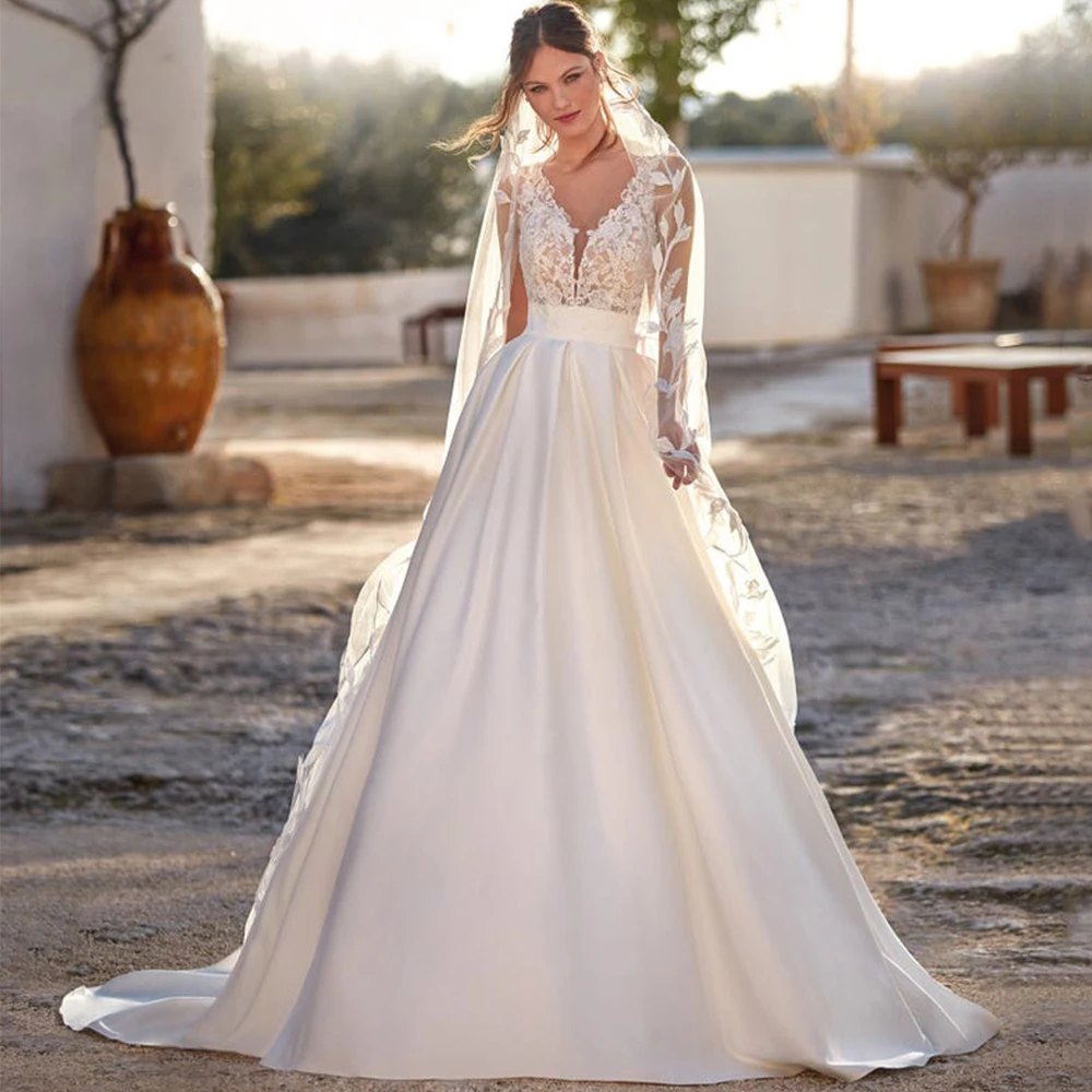 Classic Tulle Applique and Satin Wedding Dress Sleeveless Illusion Open Back Bride A-Line Floor Length with Sweep Train Gowns