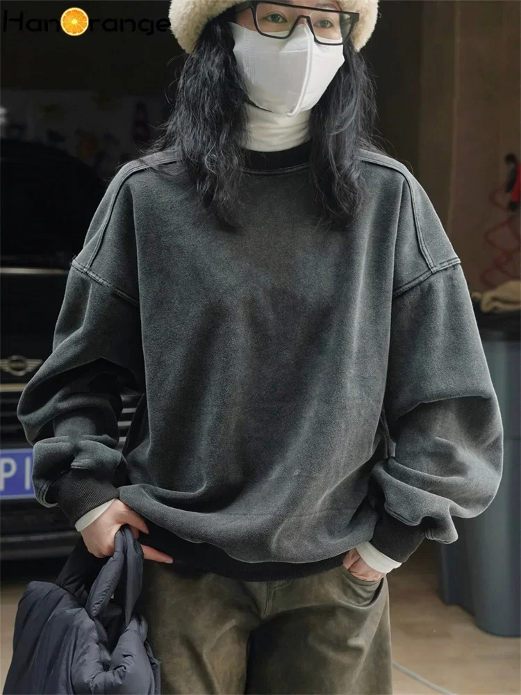 HanOrange 2024 Winter Brushed Silhouette Pullover Long Sweatshirt Women Loose Comfortable Top Female Fried Gray/Fried Blue